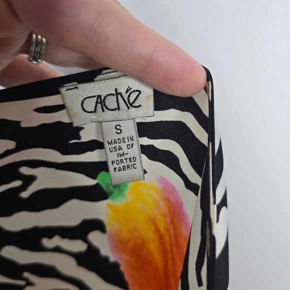 Vintage Cache Floral Print Dress Abstract Black White Pink Tie Waist‎ Midi - Picture 9 of 11